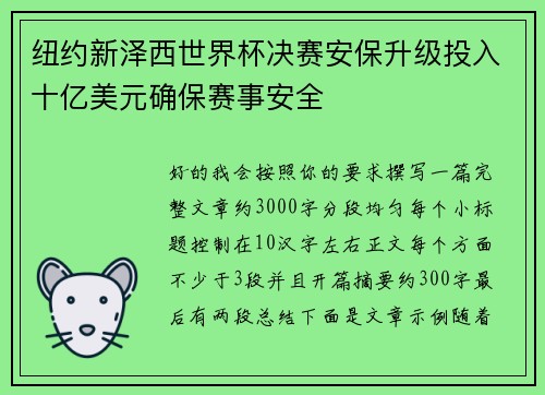 纽约新泽西世界杯决赛安保升级投入十亿美元确保赛事安全