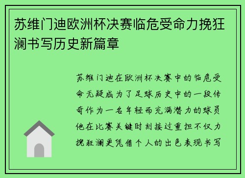 苏维门迪欧洲杯决赛临危受命力挽狂澜书写历史新篇章